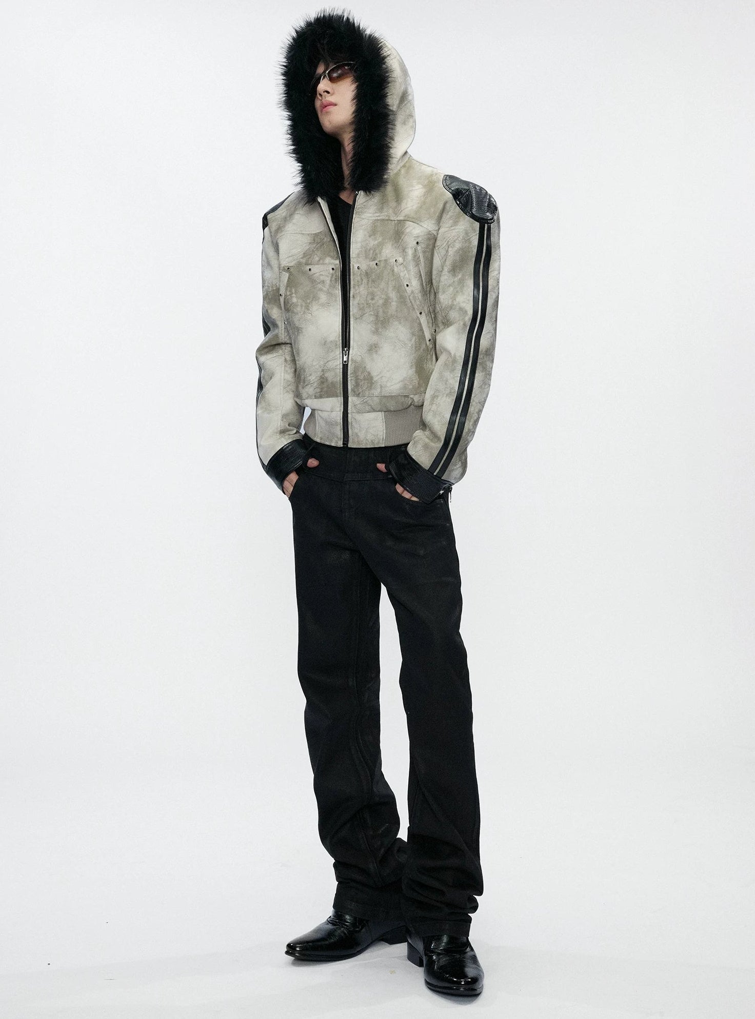 Vintage Snake-Panel Hooded Fur Jacket