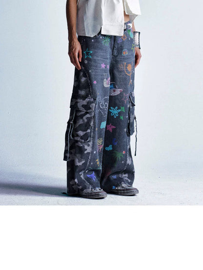 【25s Aug.】Vintage Cartoon Graffiti Camouflage Patchwork Jeans