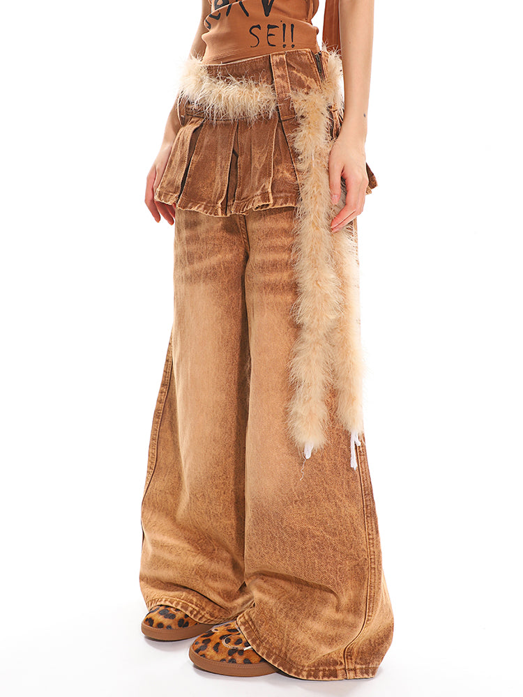 【25s Apr.】Washed Brown Pleated Skirt Spliced Jeans