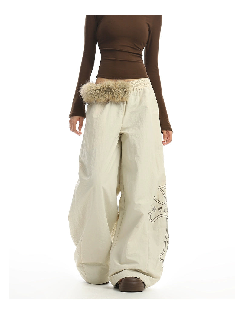【25s Dec.】Fur Collar Printed Fleece-lined Curved Trousers