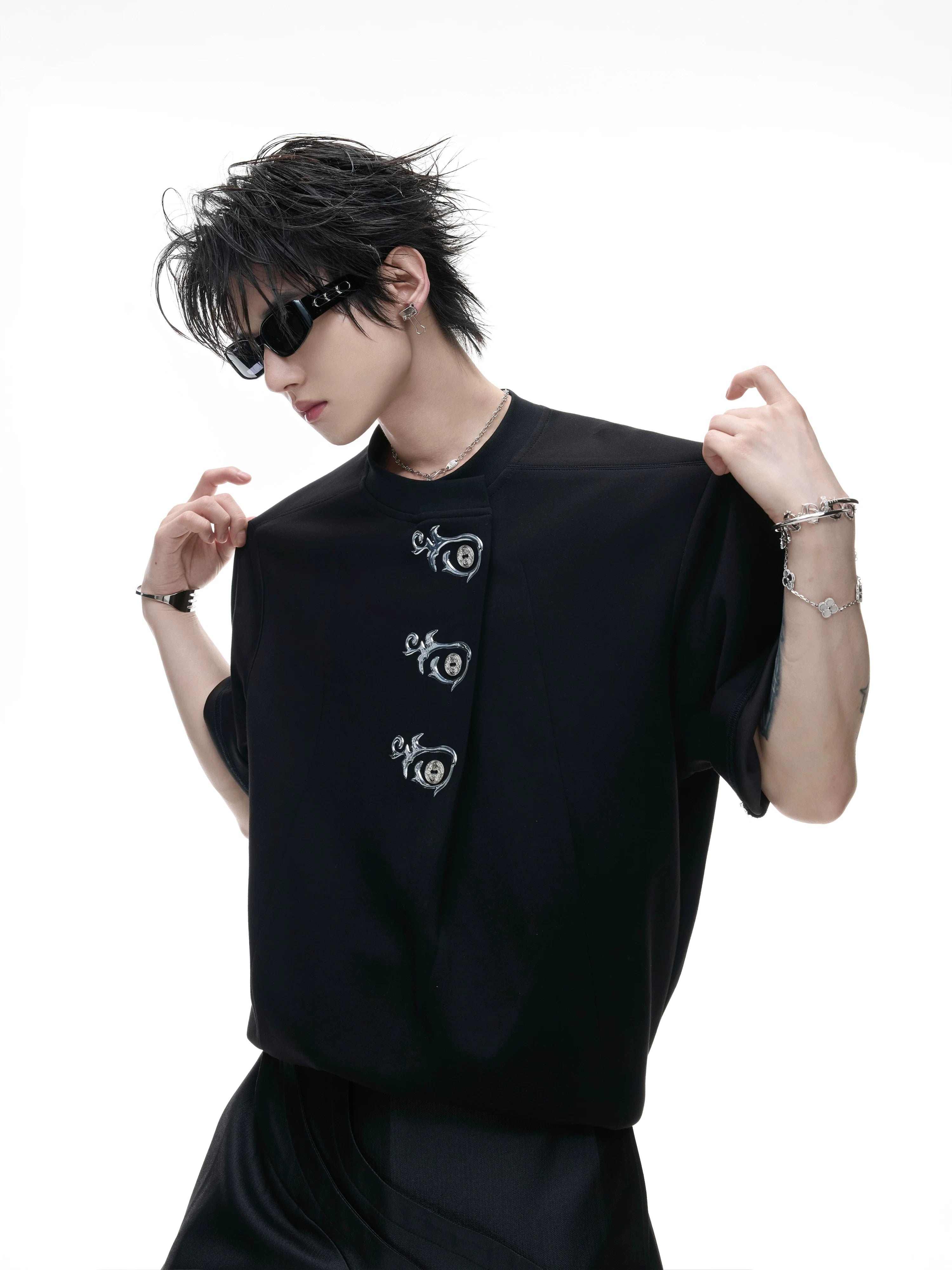 Asymmetric Placket Embroidered Tee