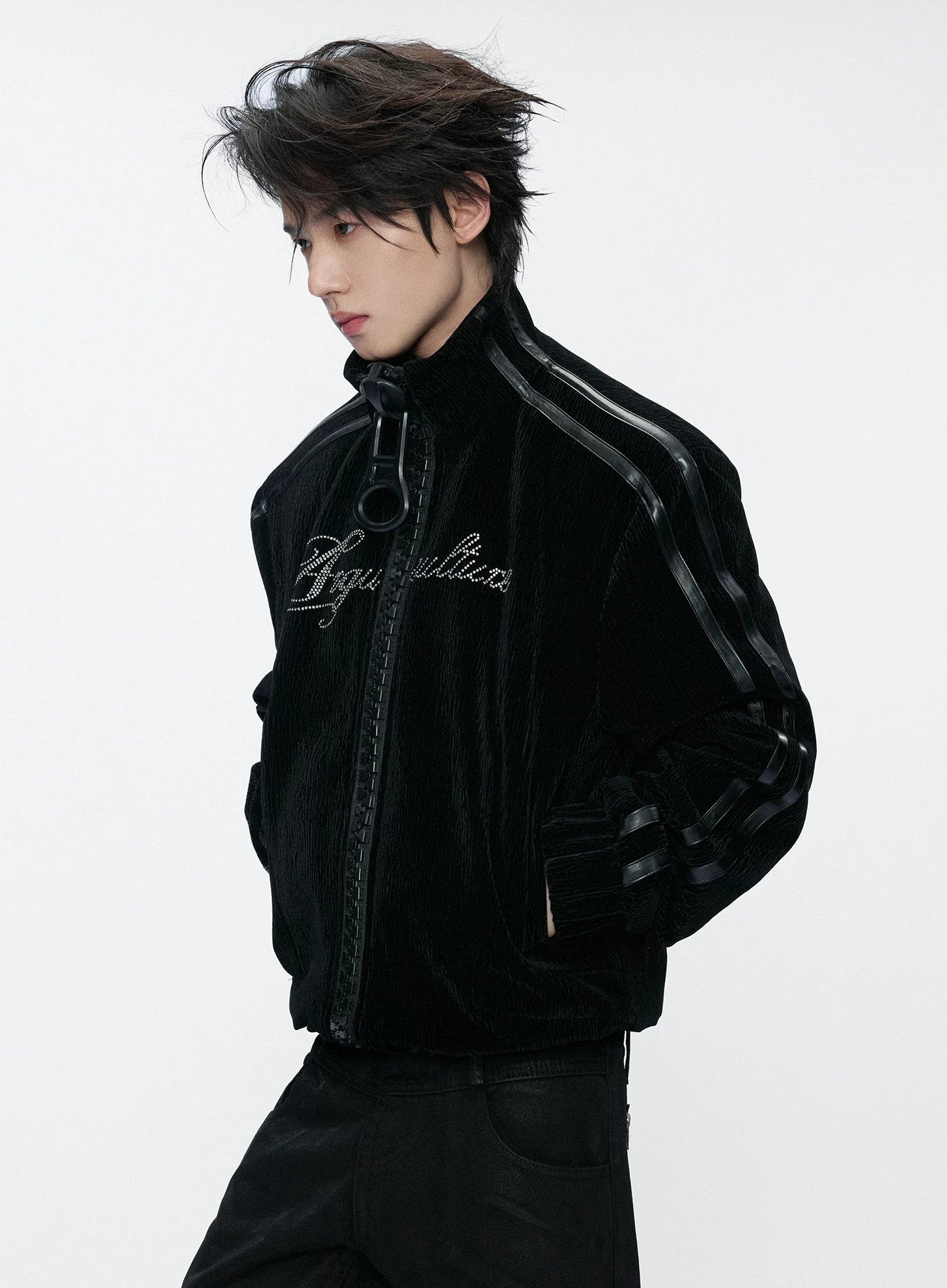 Wave Texture Rhinestone Moto Jacket