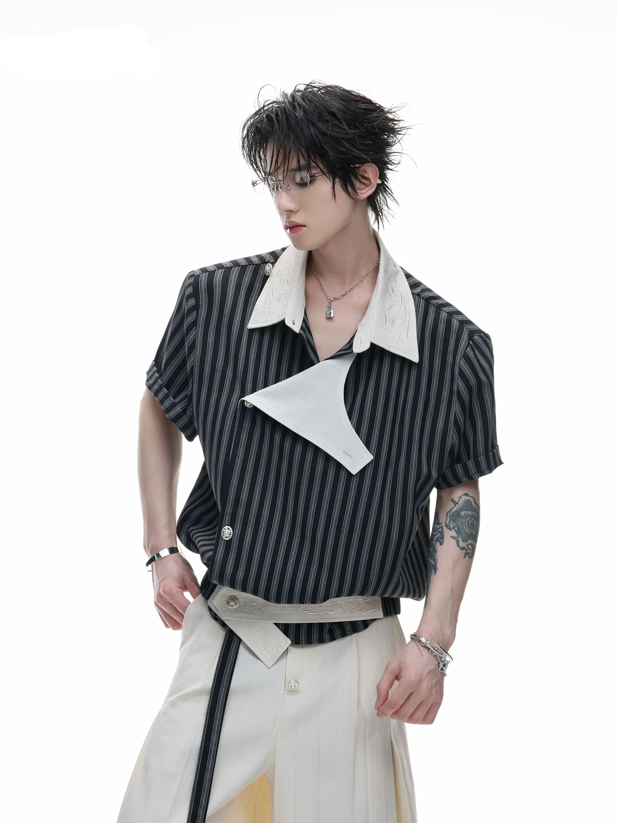 Embroidered Asymmetric Stripe Shirt Tee