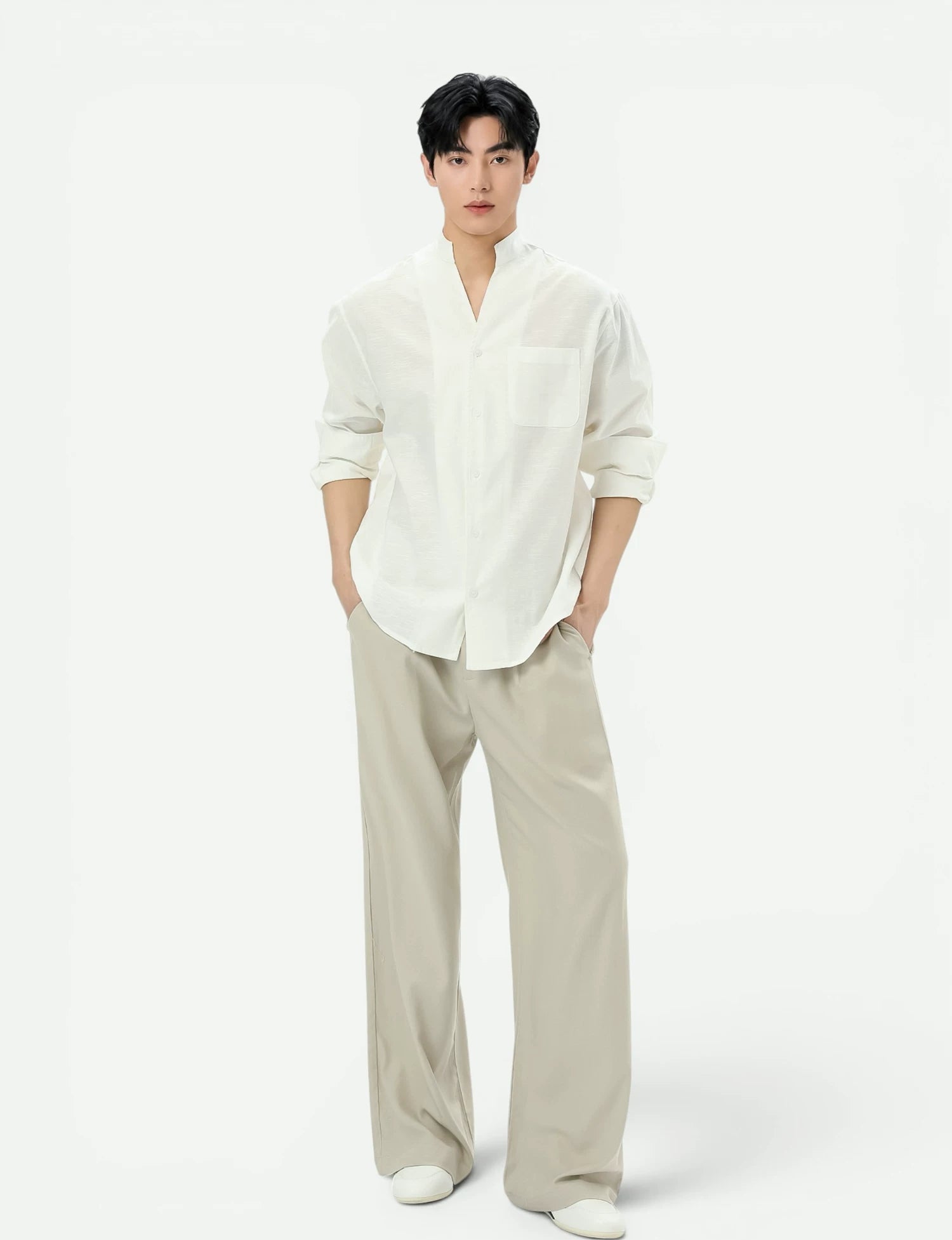 Stand Collar Linen Clean Fit Shirt