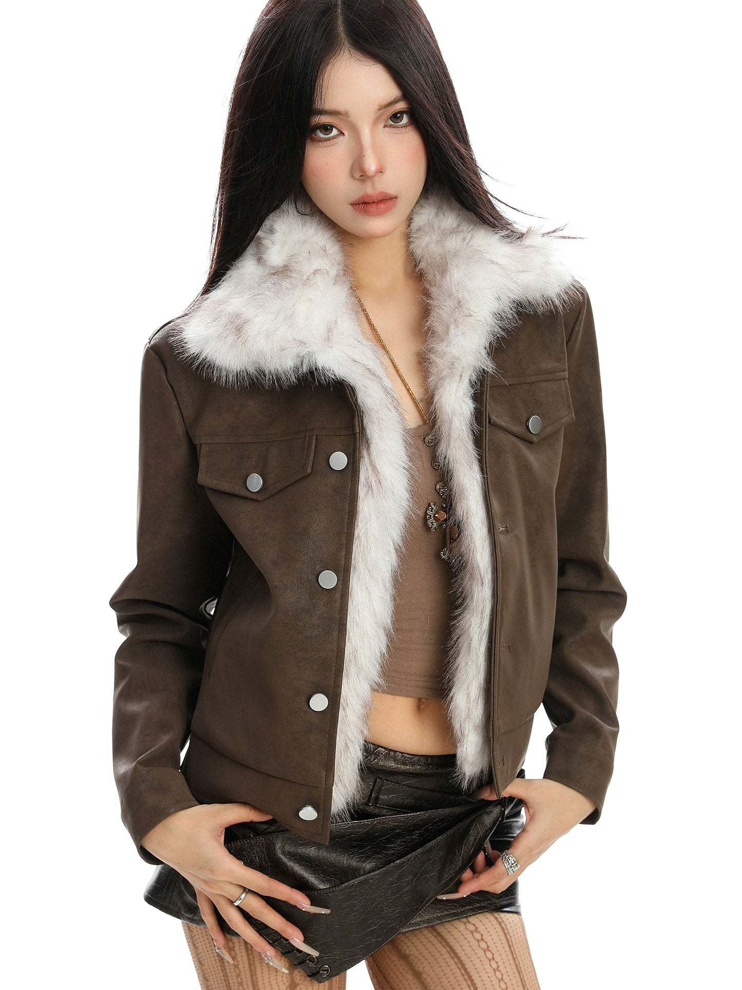 【25s Nov.】Fur Collar Slim-fit Leather Jacket