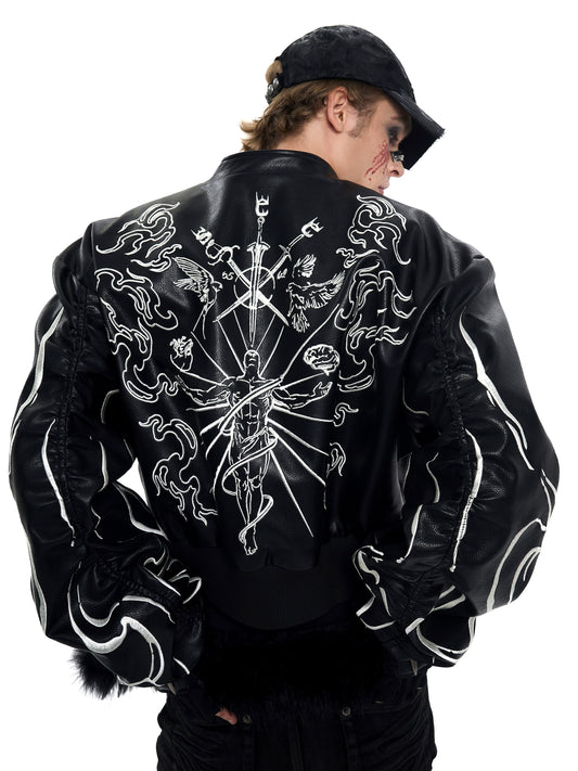 【25s Sep.】Cropped Stand Collar Biker Jacket with Embroidery