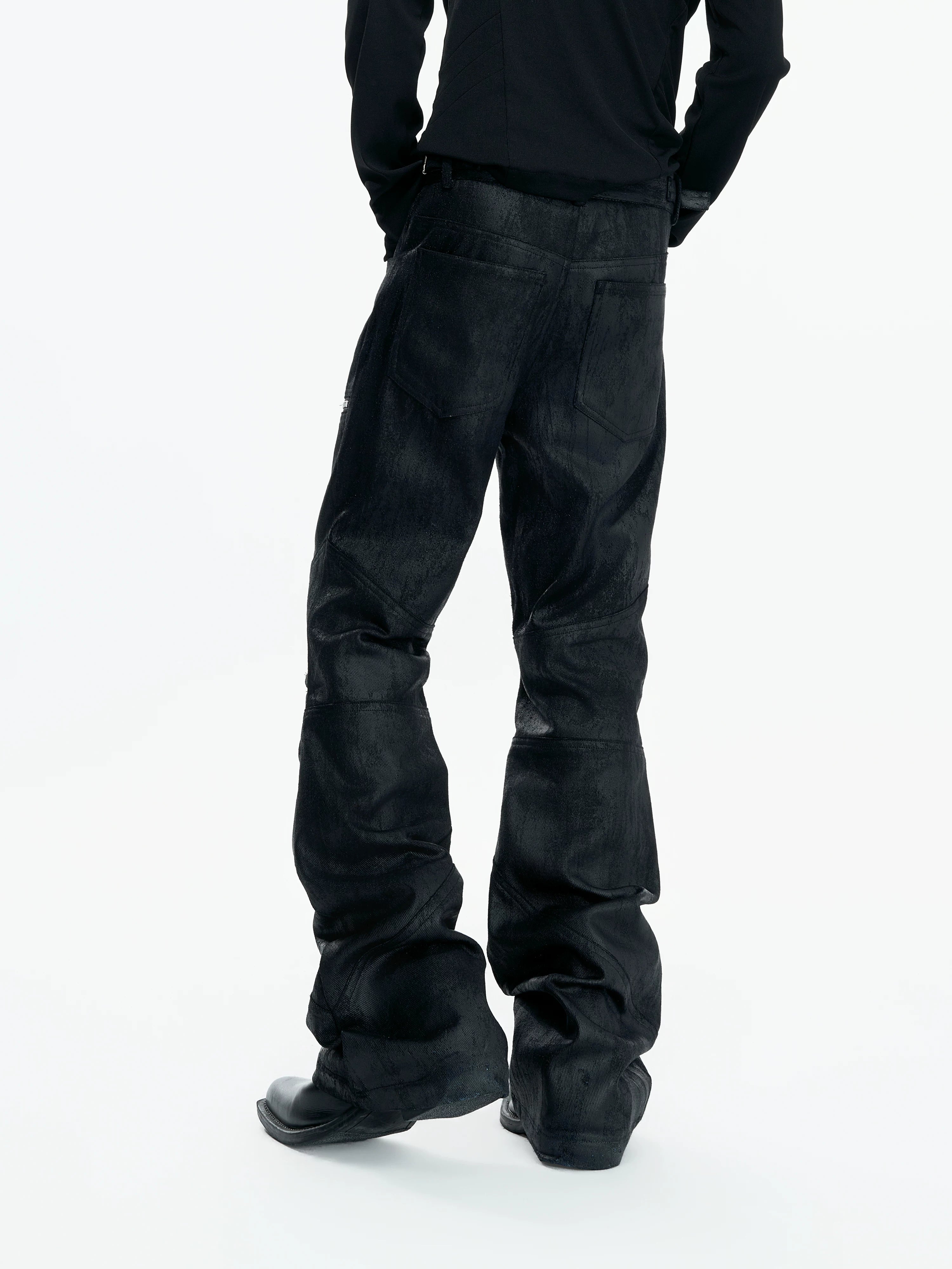【26s May】Waxed Distressed Zip Panel Straight Denim Pants