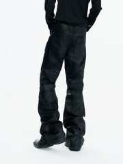 【26s May】Waxed Distressed Zip Panel Straight Denim Pants