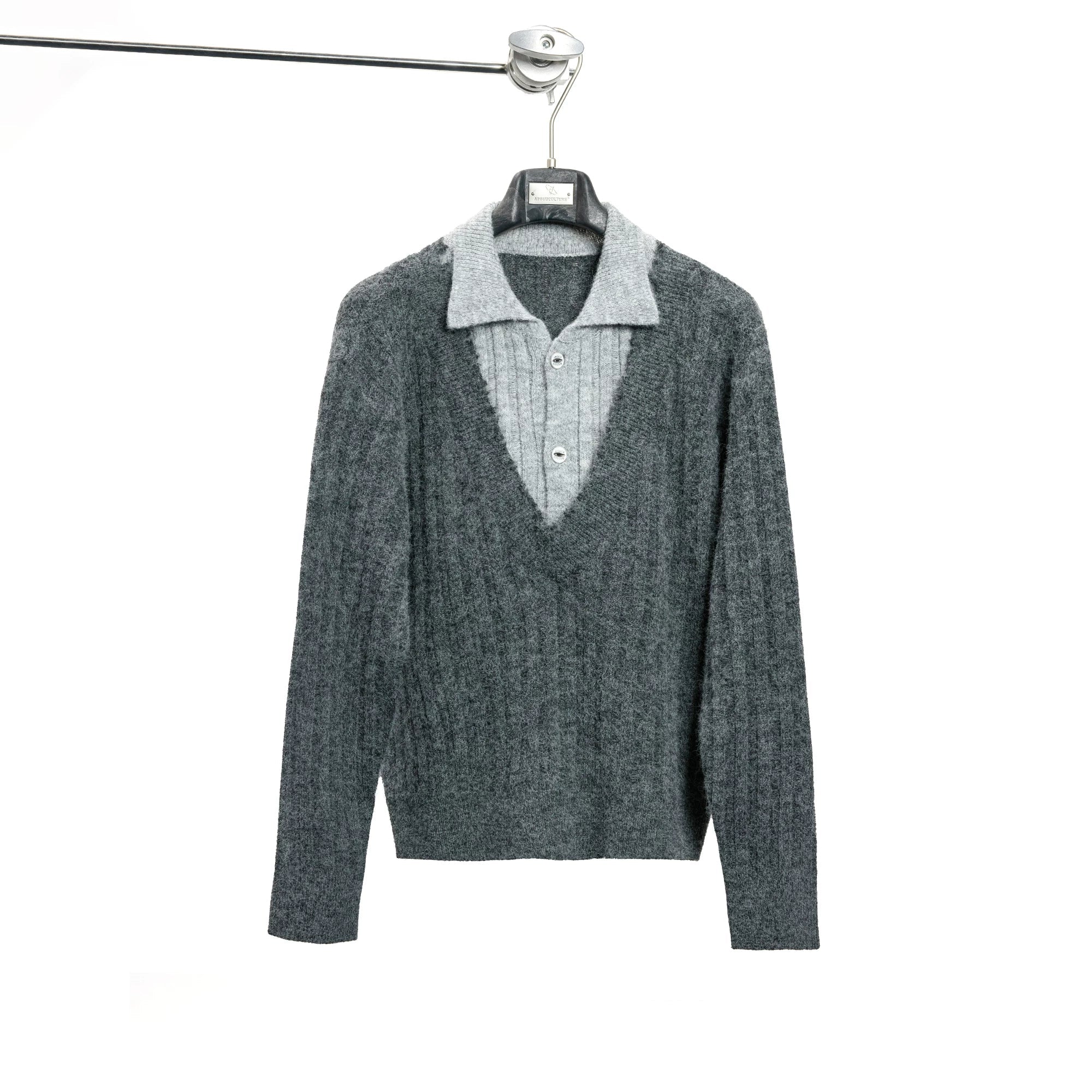 Double Collar Contrast Ribbed Wool Sweater
