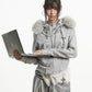 【25s Oct.】Vintage Grey Fur Collar Hooded Sweatshirt