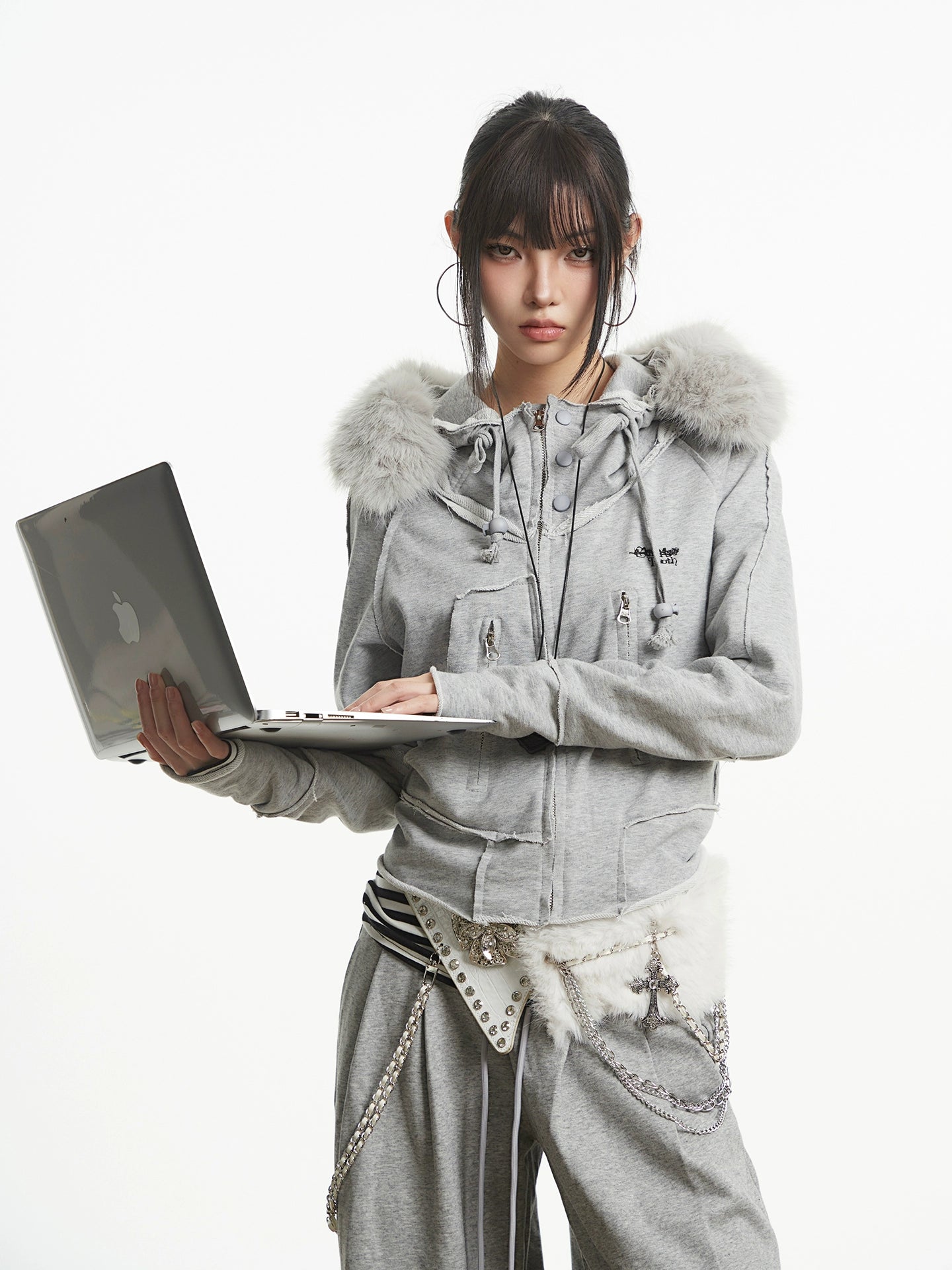 【25s Oct.】Vintage Grey Fur Collar Hooded Sweatshirt