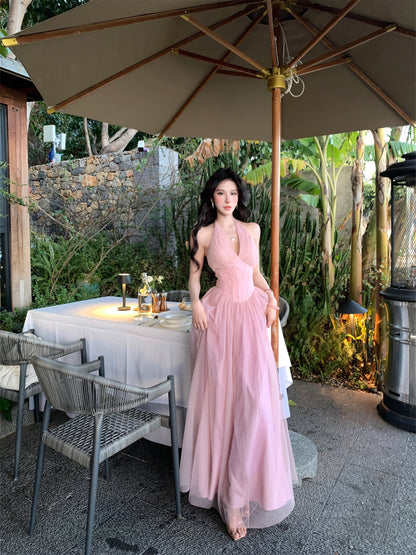 【25s Apr.】French Halter V-Neck Corset Waist Dress