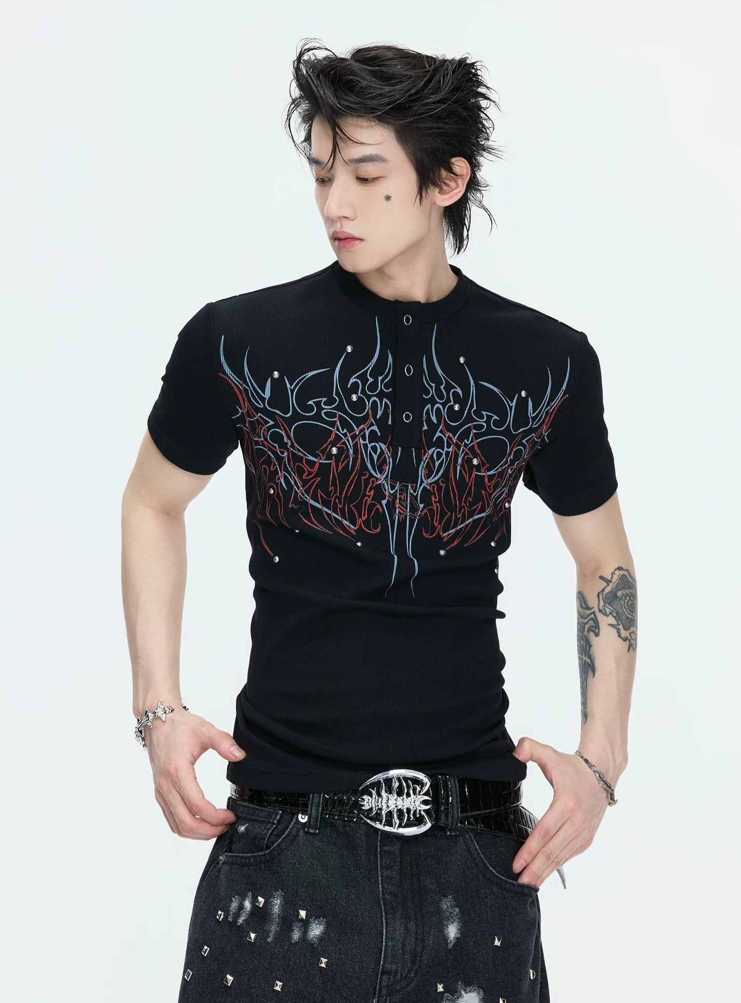 Gothic Flame Studded Slim Tee