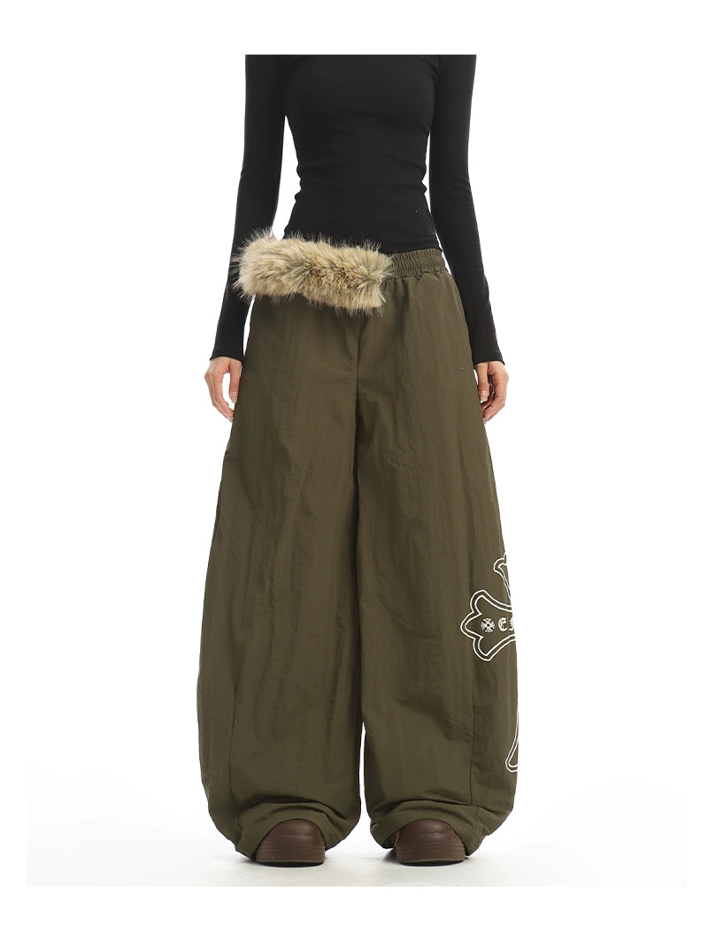 【25s Dec.】Fur Collar Printed Fleece-lined Curved Trousers