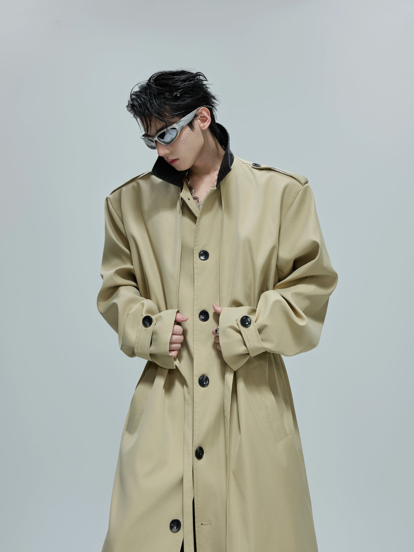 【25s Nov.】Long Patchwork Leather Casual Trench Coat