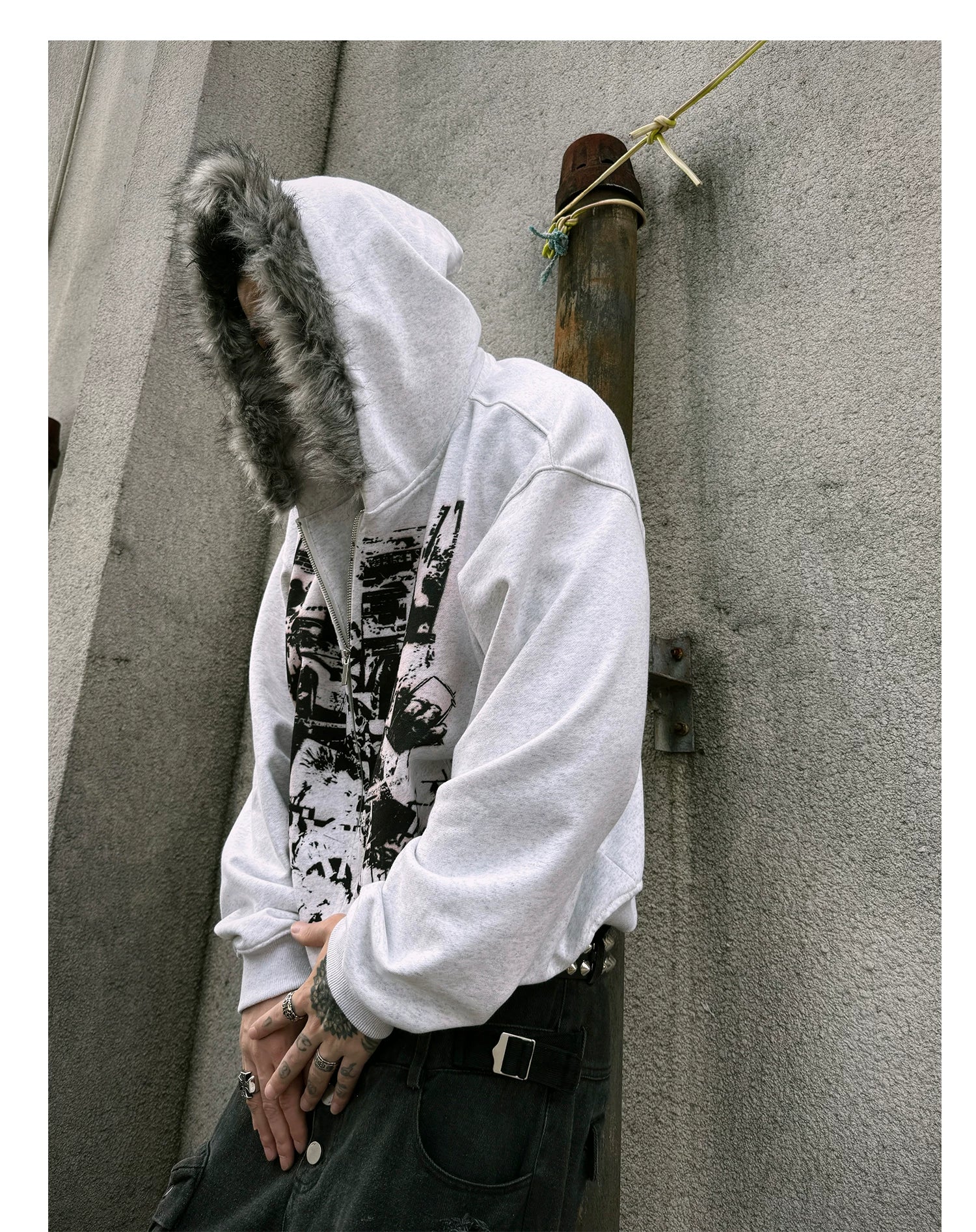 【26s Jan.】Vintage Printed Fur-Trim Zip-Up Hoodie Jacket
