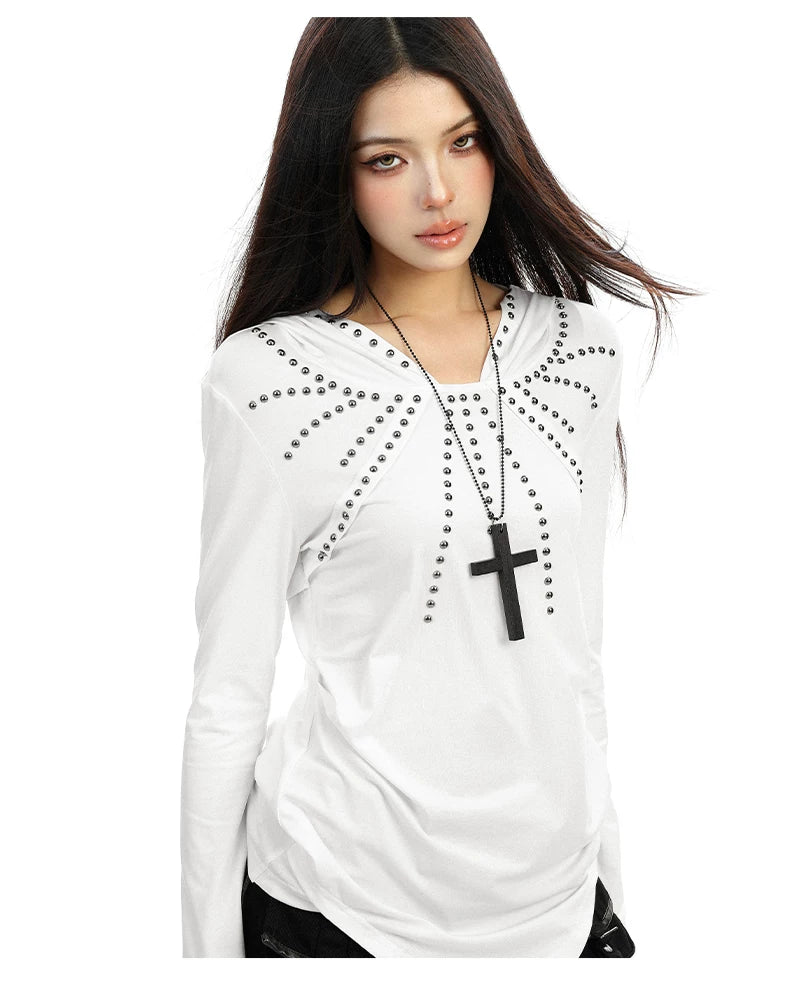 【26s Feb.】Studded Hooded Long-Sleeve Waist-Fit Top