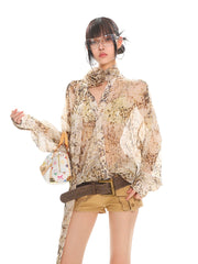 【25s Jul.】Leopard Print Ribbon Floral See-through Casual Shirt