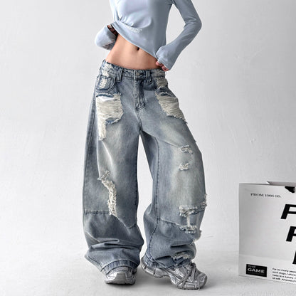 【25s Aug.】Vintage Blue Distressed Washed Loose Wide-Leg Jeans