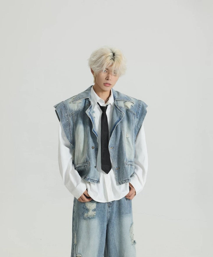 Distressed Denim Vest Wide-Leg Set