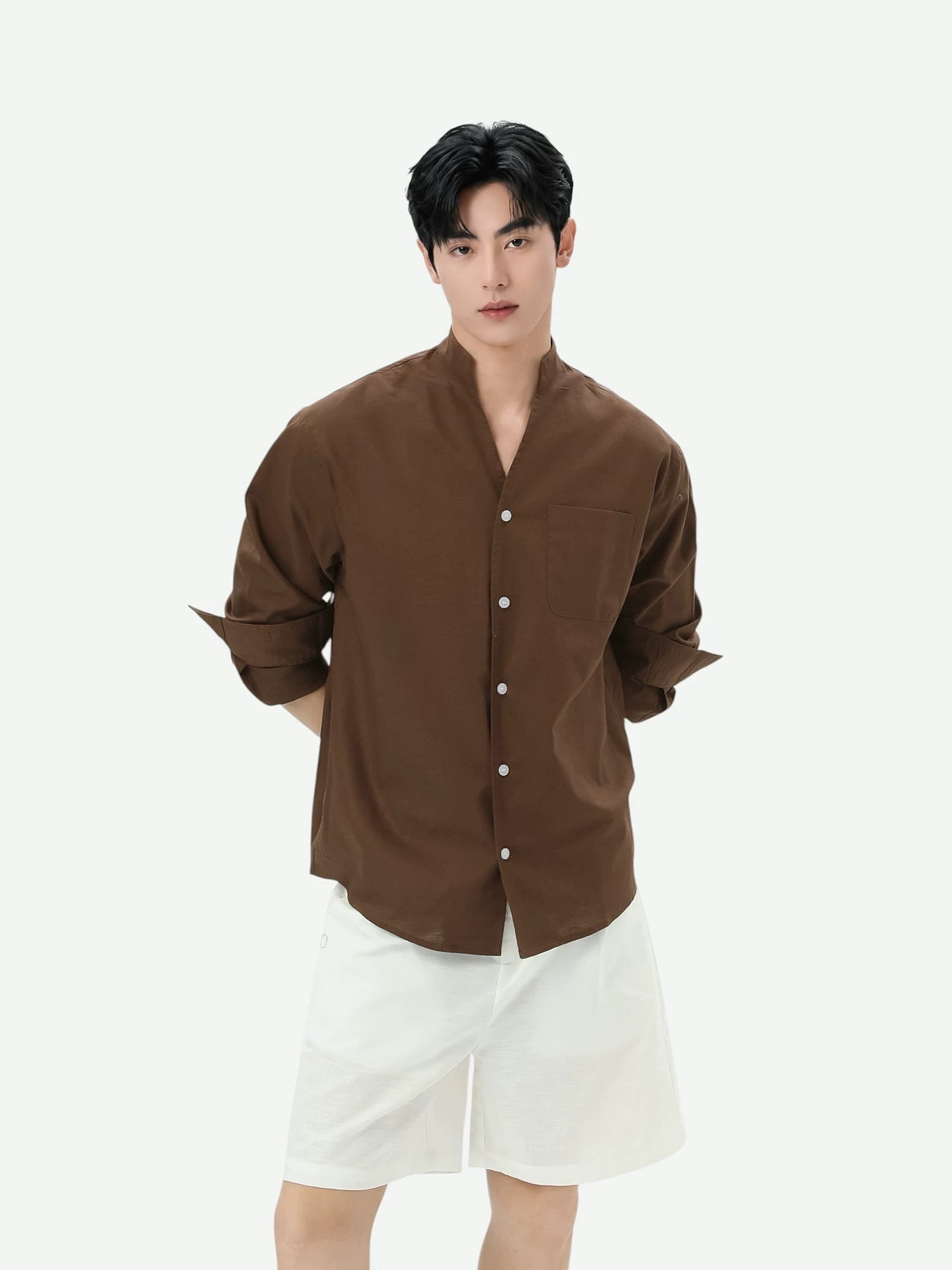 Stand Collar Linen-Texture Shirt