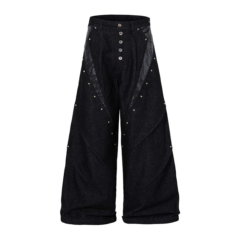 Studded Patchwork Washed Wide-Leg Denim Pants
