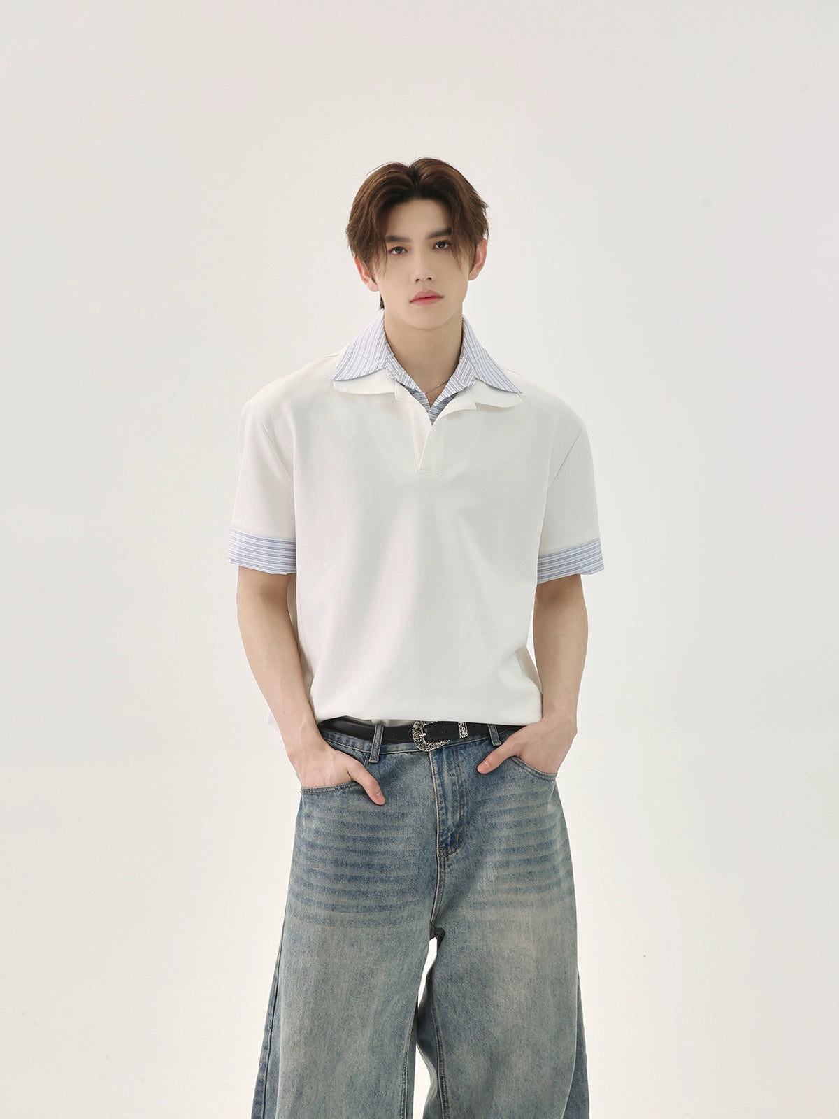 【25s Aug.】Patchwork Striped POLO Collar Shirt T-Shirt