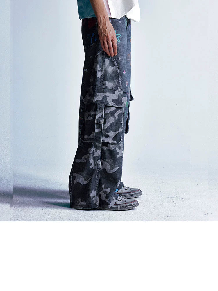 【25s Aug.】Vintage Cartoon Graffiti Camouflage Patchwork Jeans