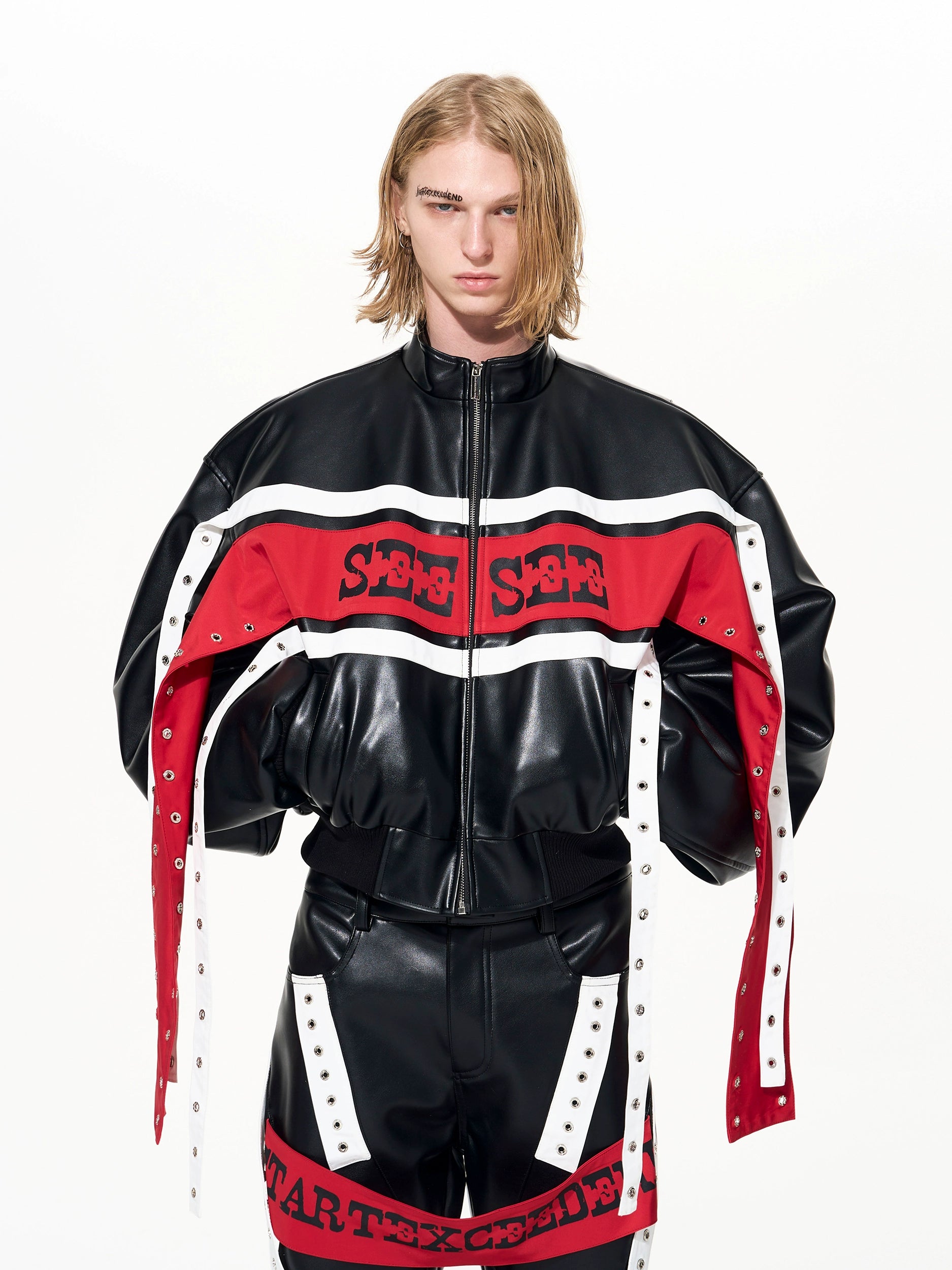 【25s Dec.】Color-blocked Ribbon Racing Leather Jacket/ Pants