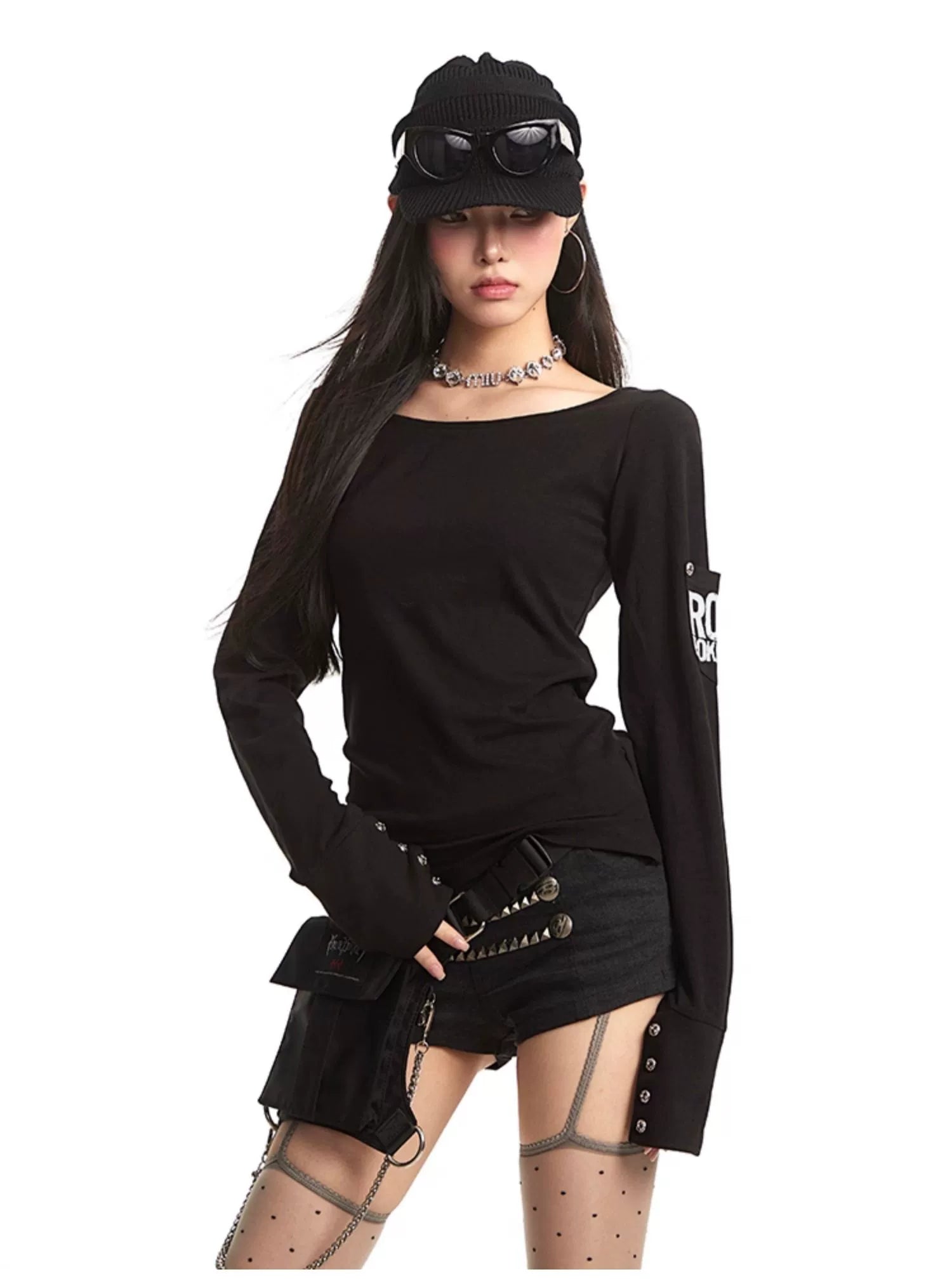 【25s Dec.】Retro Letter Print Off-shoulder Base Layer