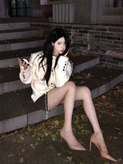 【25s Jul.】White Tweed Collarless Shoulder-Pad Jacket