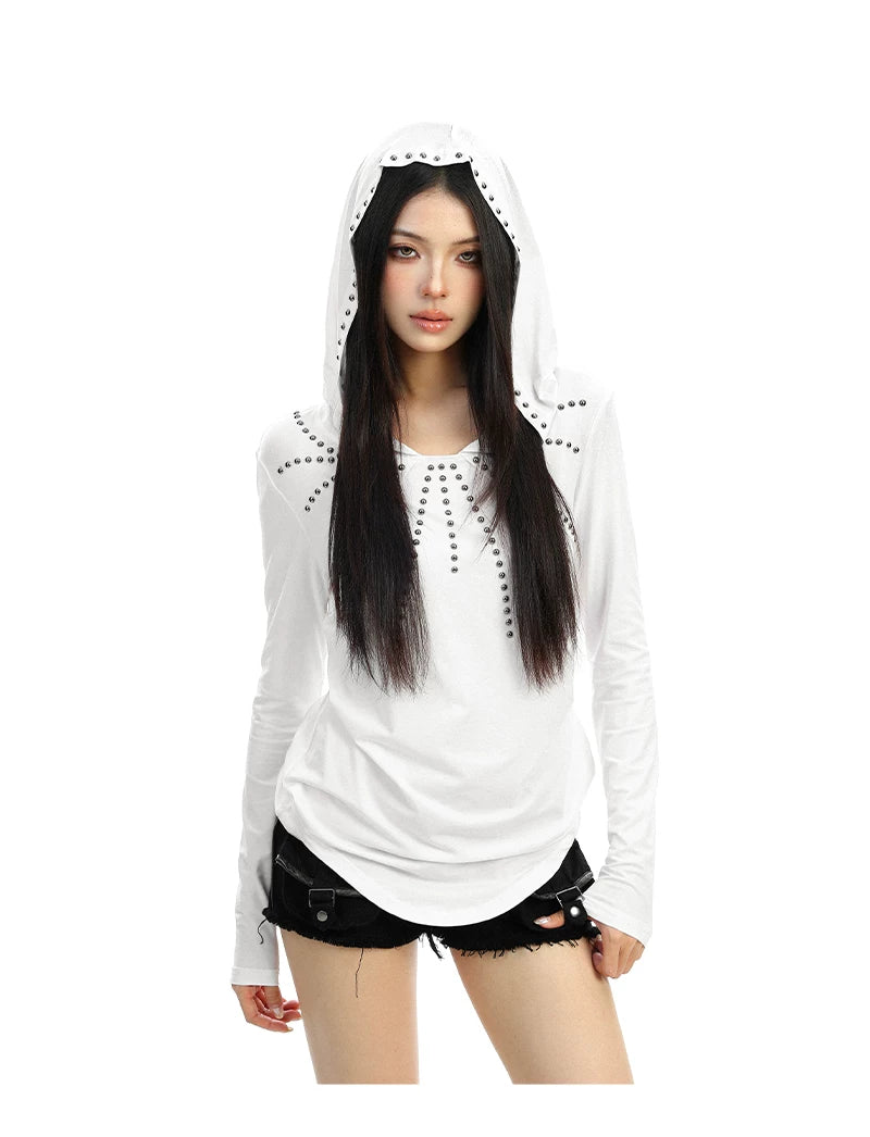 【26s Feb.】Studded Hooded Long-Sleeve Waist-Fit Top