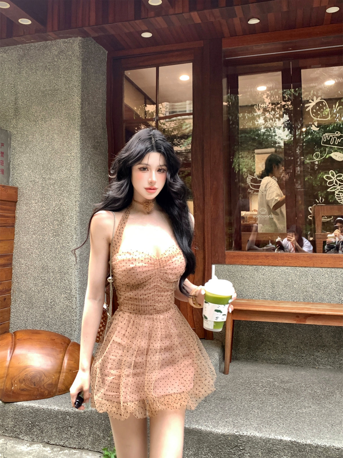 【25s Apr.】Polka Dot Halterneck Mesh Dress