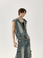 【25s Apr.】Vintage Distressed Denim Vest Vest Patchwork Trousers Casual Suit