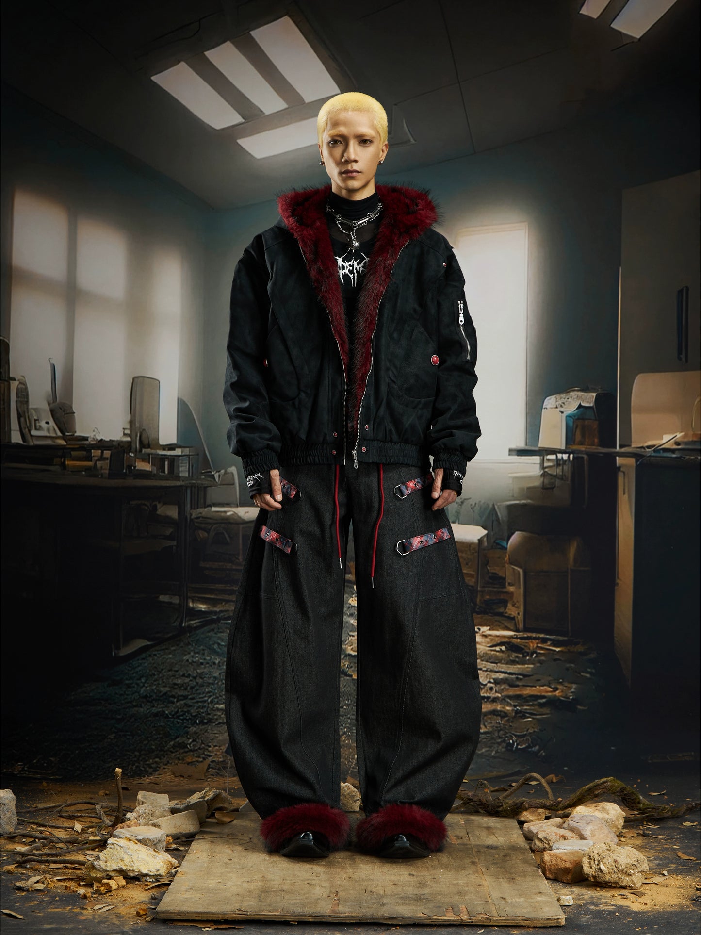 【25s Dec.】Red Plush Patchwork Textured Dark Short Jacket