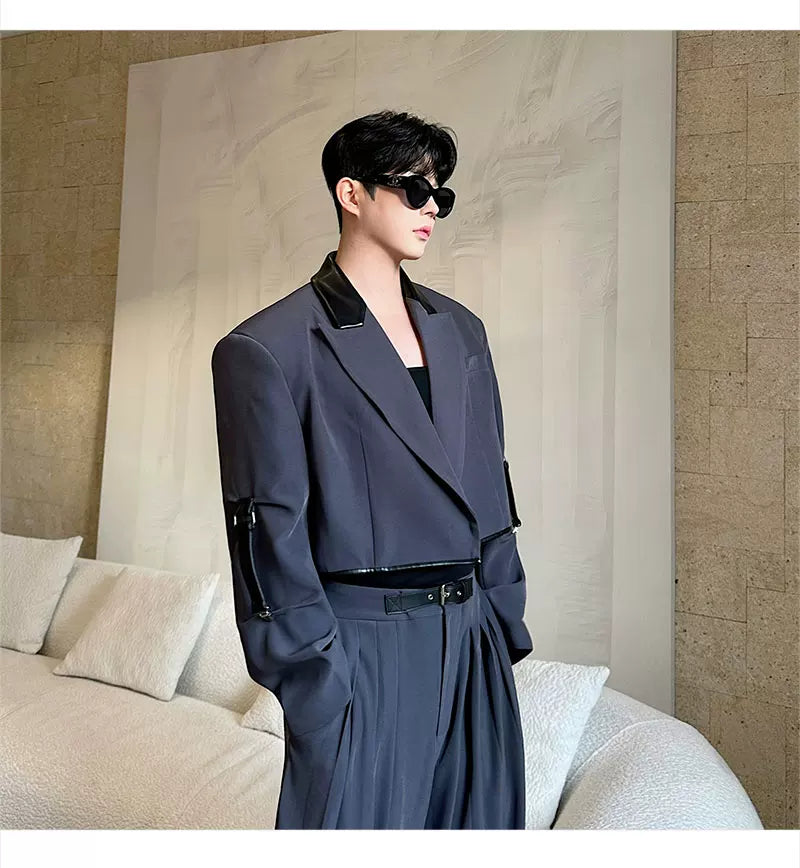 【26s Apr.】Color-Block Faux Leather Blazer & Wide-Leg Pants Set