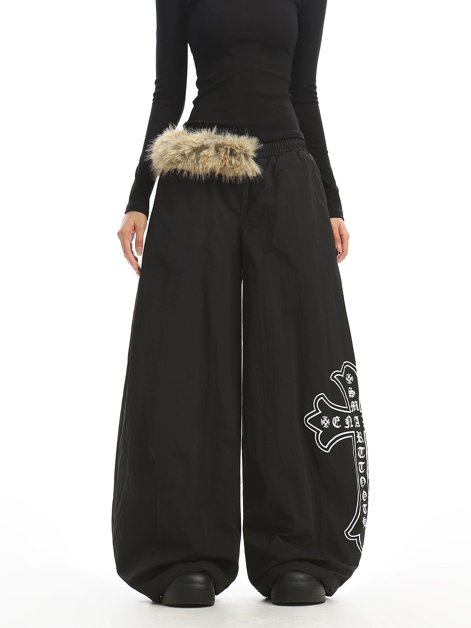 【25s Dec.】Fur Collar Printed Fleece-lined Curved Trousers