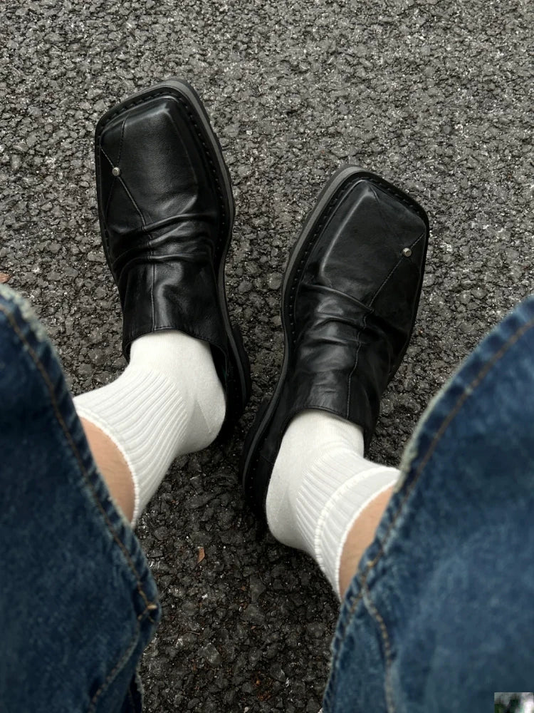 Dark Chunky Square-Toe Derby Mule Shoes