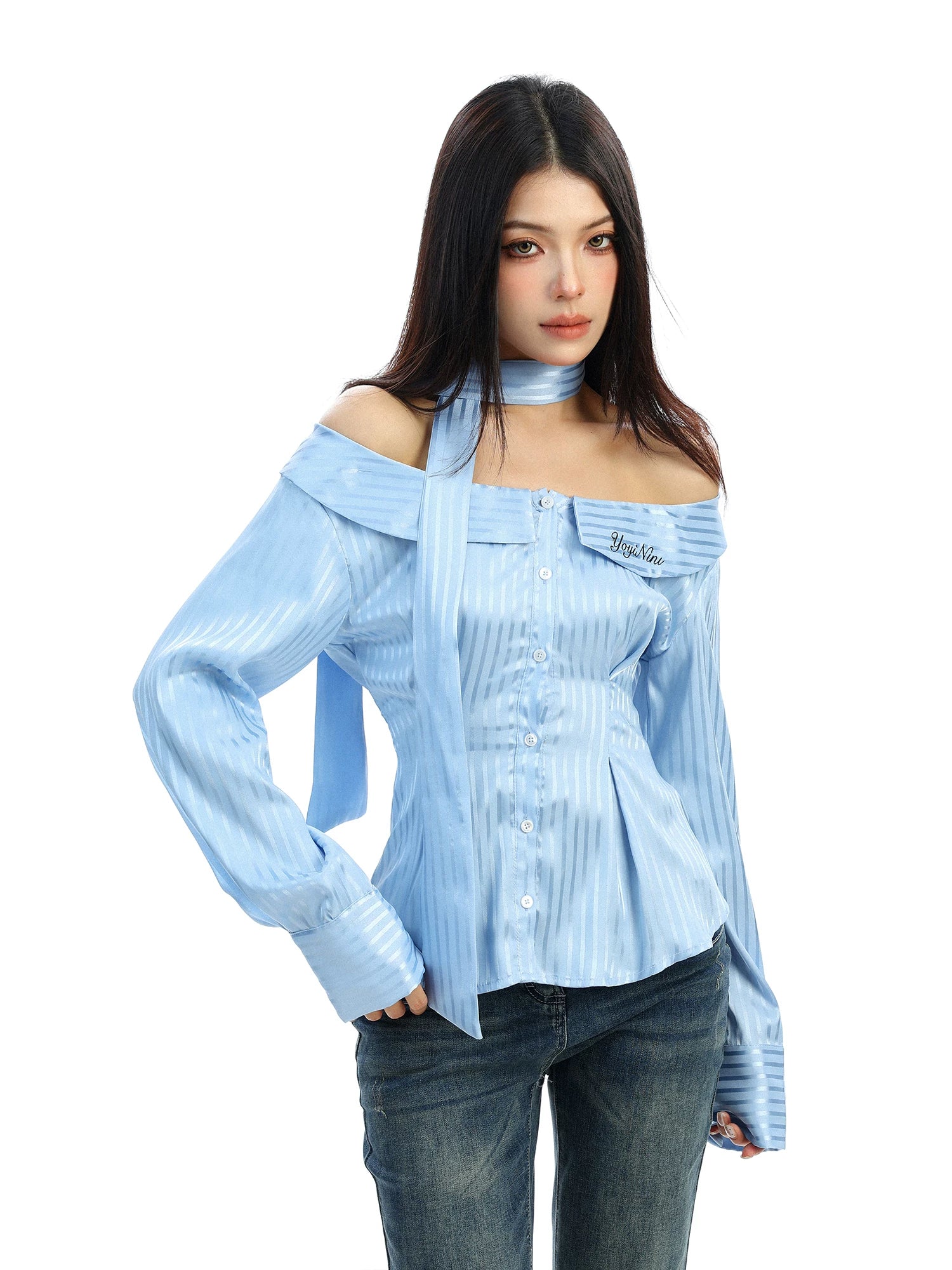 【26s Feb.】Korean Striped Off-Shoulder Waist-Fit Long-Sleeve Shirt