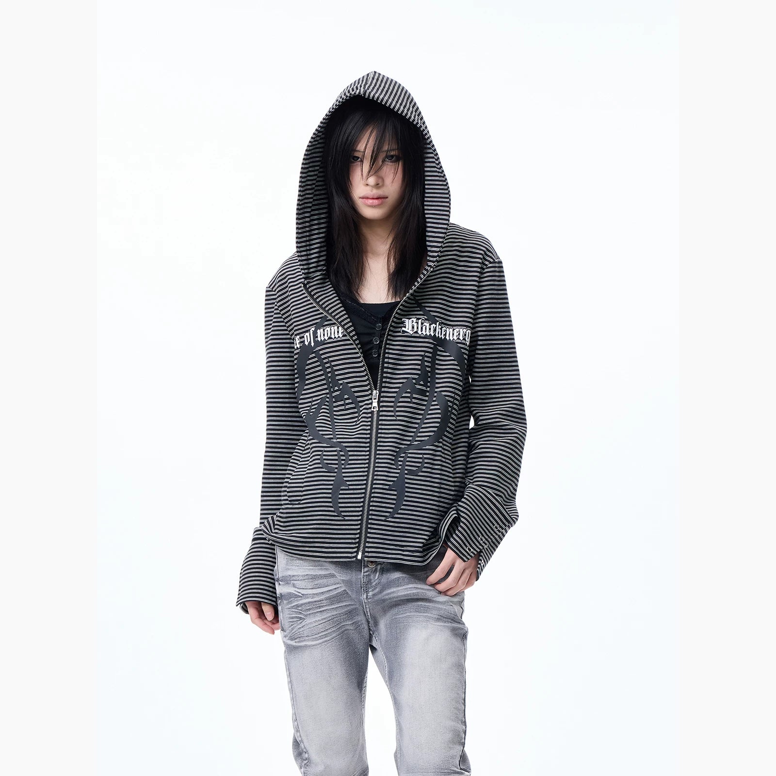 Striped Graphic Cropped Zip Hoodie