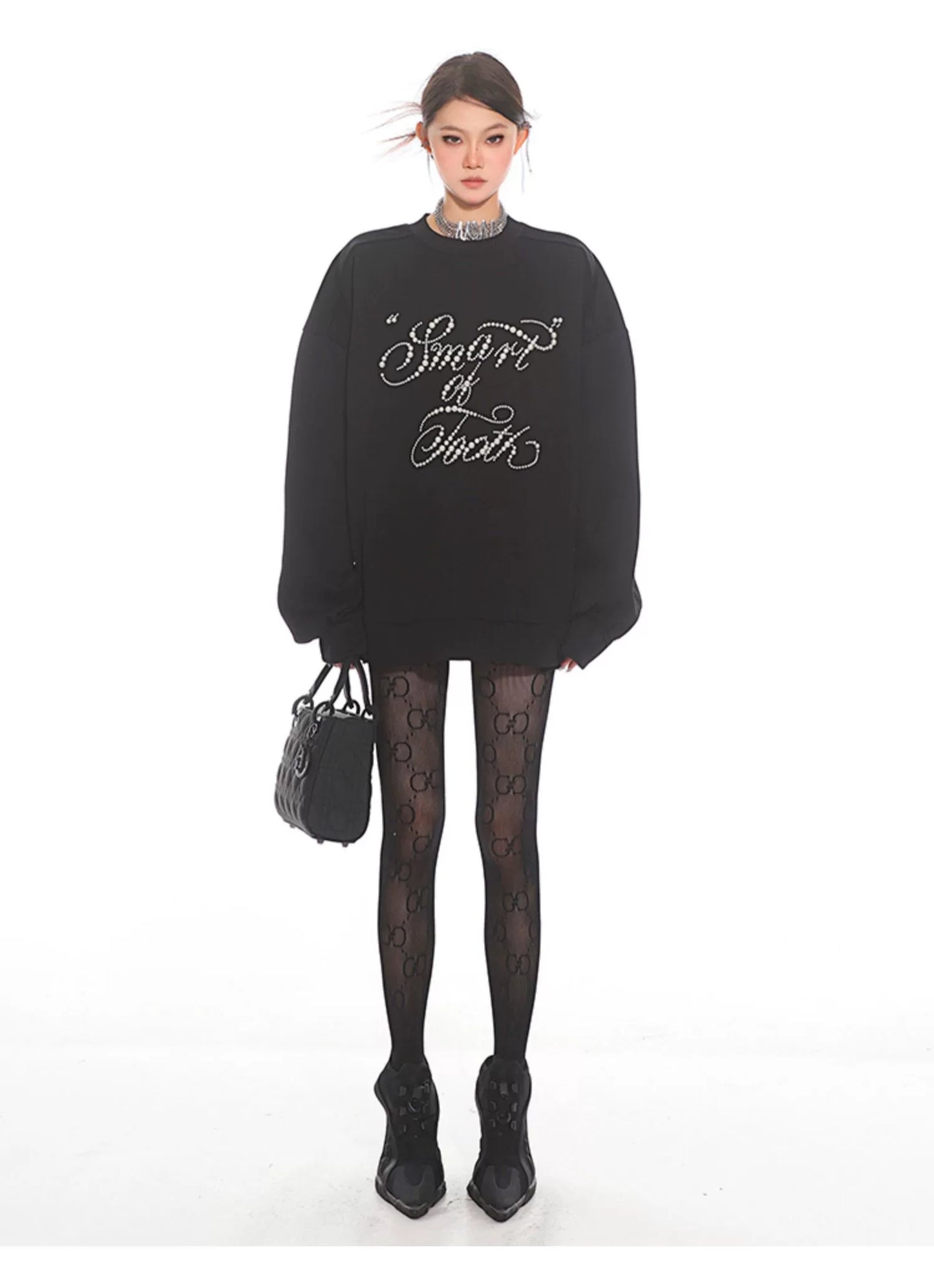 【25s Nov.】Black Beaded Loose-fitting Crew Neck Sweatshirt