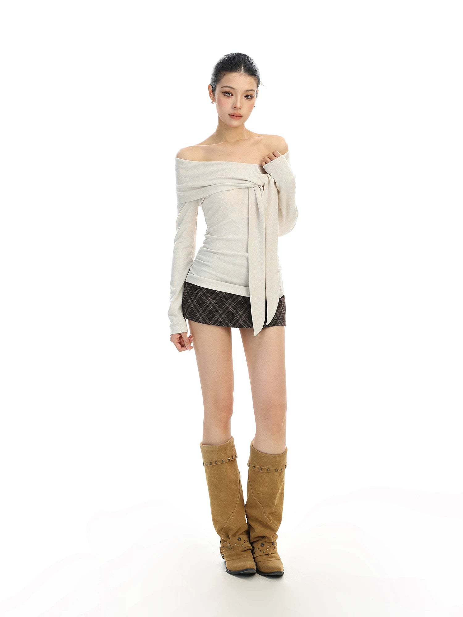 【26s Feb.】Ribbon Off-Shoulder Long-Sleeve Slim Fit Top