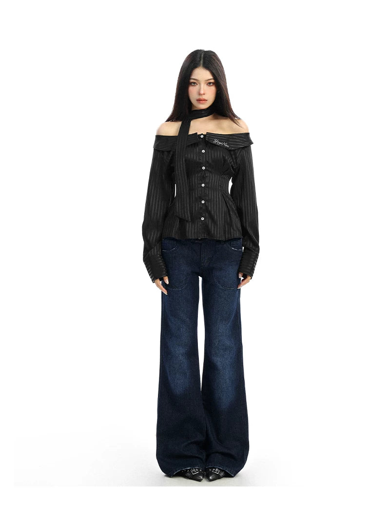 【26s Feb.】Korean Striped Off-Shoulder Waist-Fit Long-Sleeve Shirt
