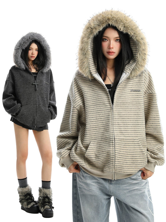 【25s Nov.】Striped Detachable Fur Collar Hooded Sweatshirt