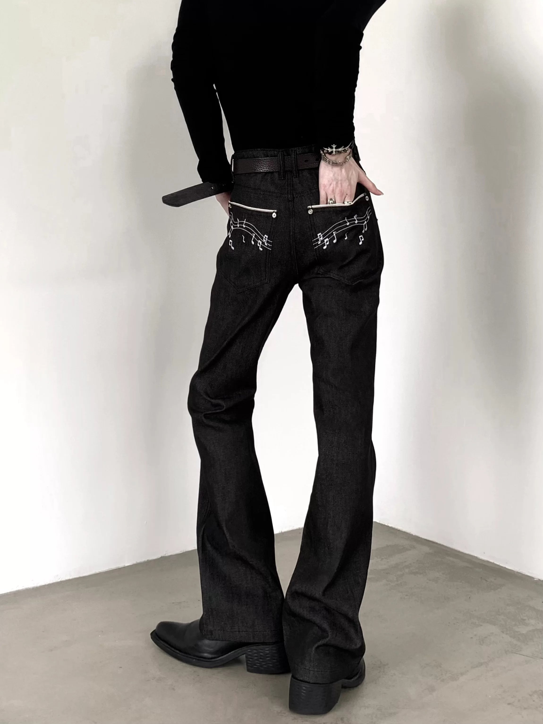 Music Note Raw Denim Flared Jeans