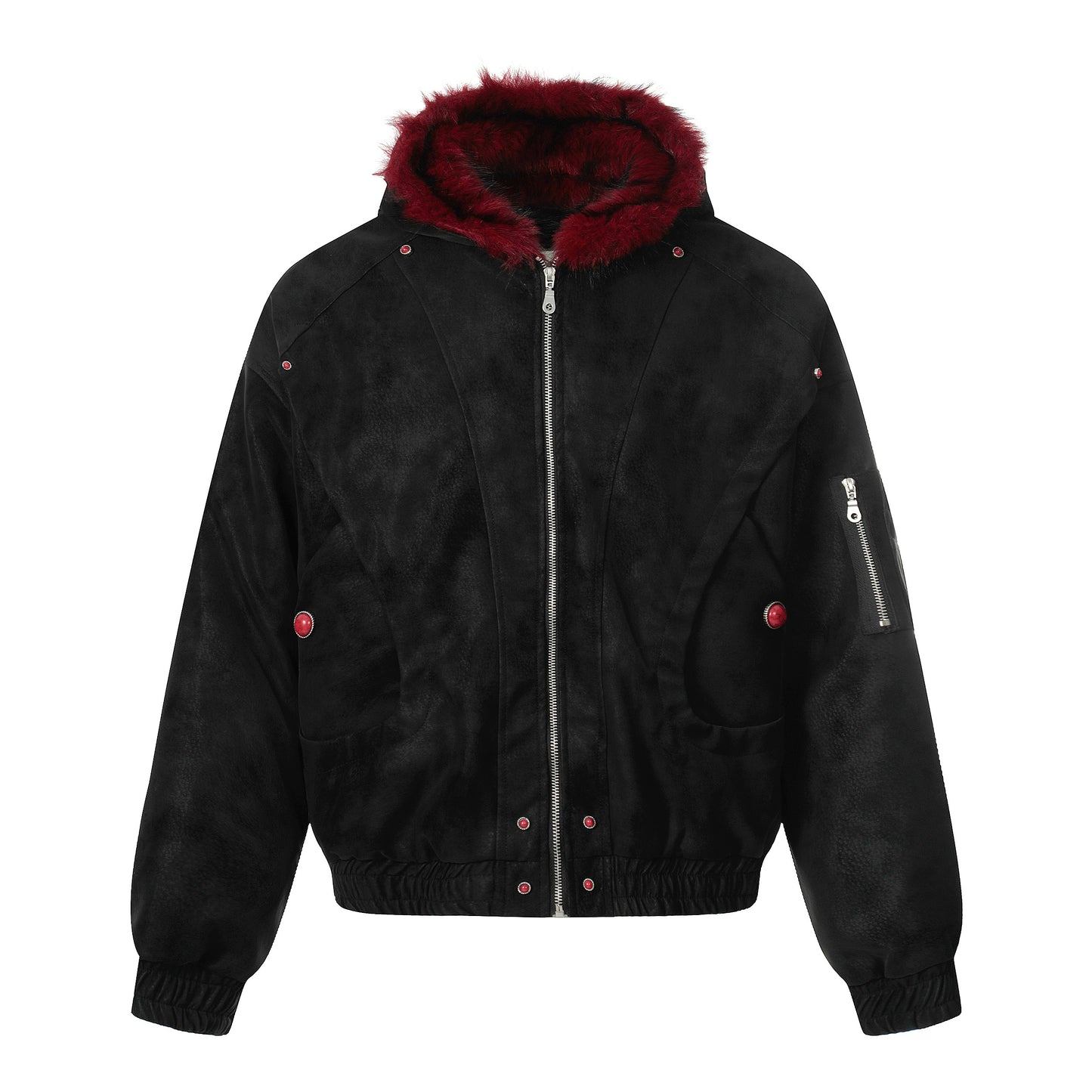 【25s Dec.】Red Plush Patchwork Textured Dark Short Jacket