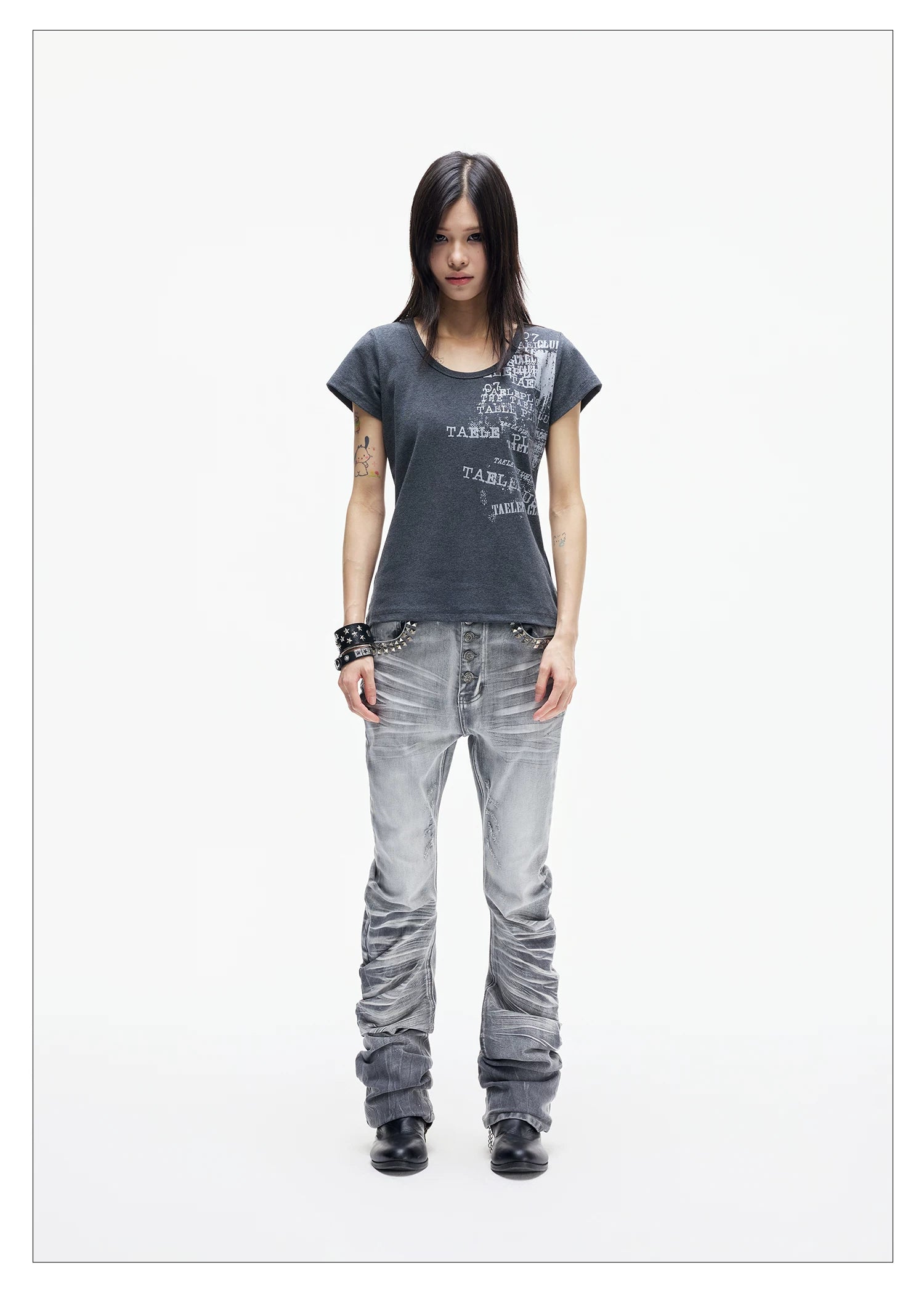 Ice Blue Studded Curved Skinny Jeans