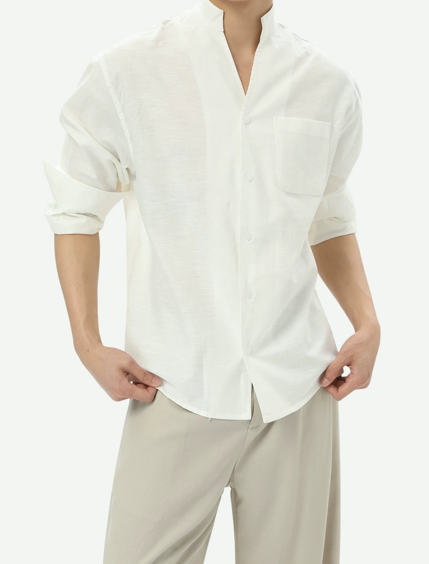 Stand Collar Linen-Texture Shirt