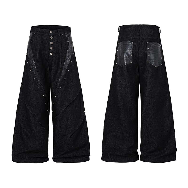 Studded Patchwork Washed Wide-Leg Denim Pants