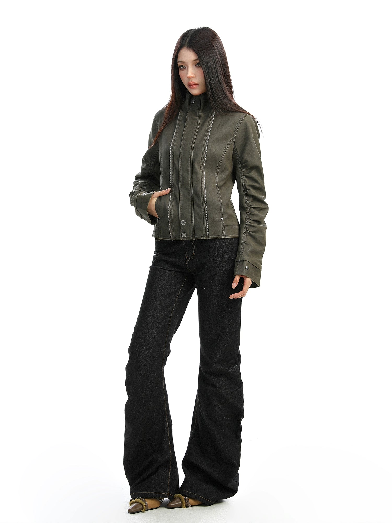 【25s Dec.】Washed Distressed Stand-up Collar Deconstructed Leather Jacket